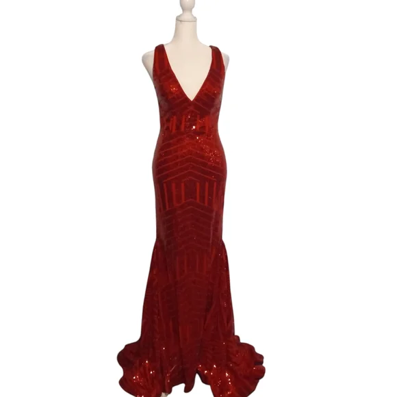Glamorous Red Sequin Shiny V-Neck Mermaid Maxi Dress - Picture 8 of 13